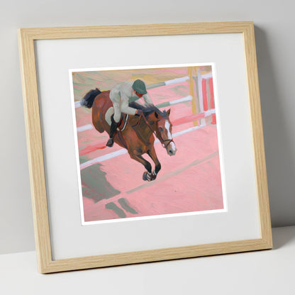 Suspended in Pink show jumping horse art print in natural frame