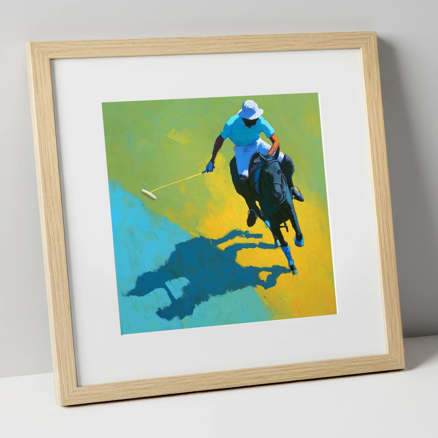 Sunlit Polo Pursuit polo horse art print in natural frame
