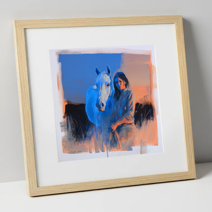 The Silent Connection horse & rider art print in natural frame