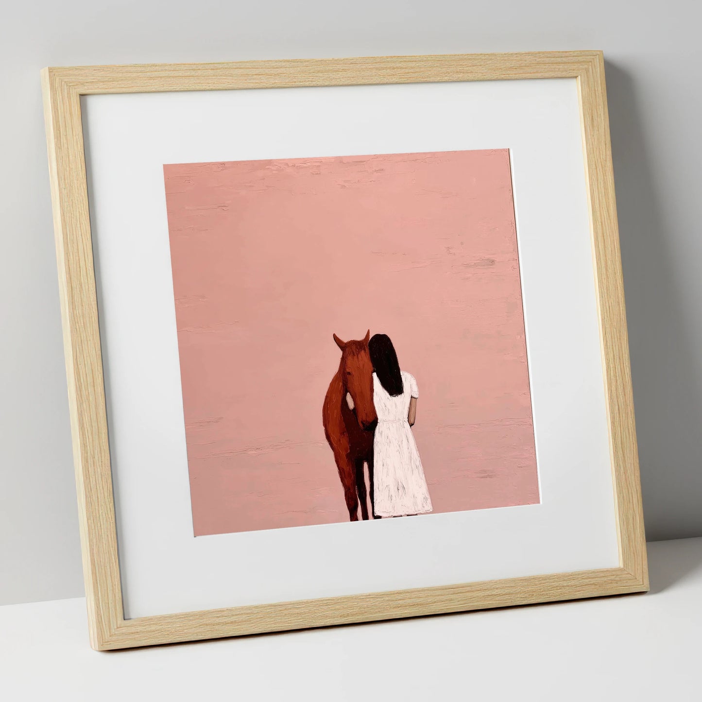 The Quiet Embrace horse & rider art print in natural frame