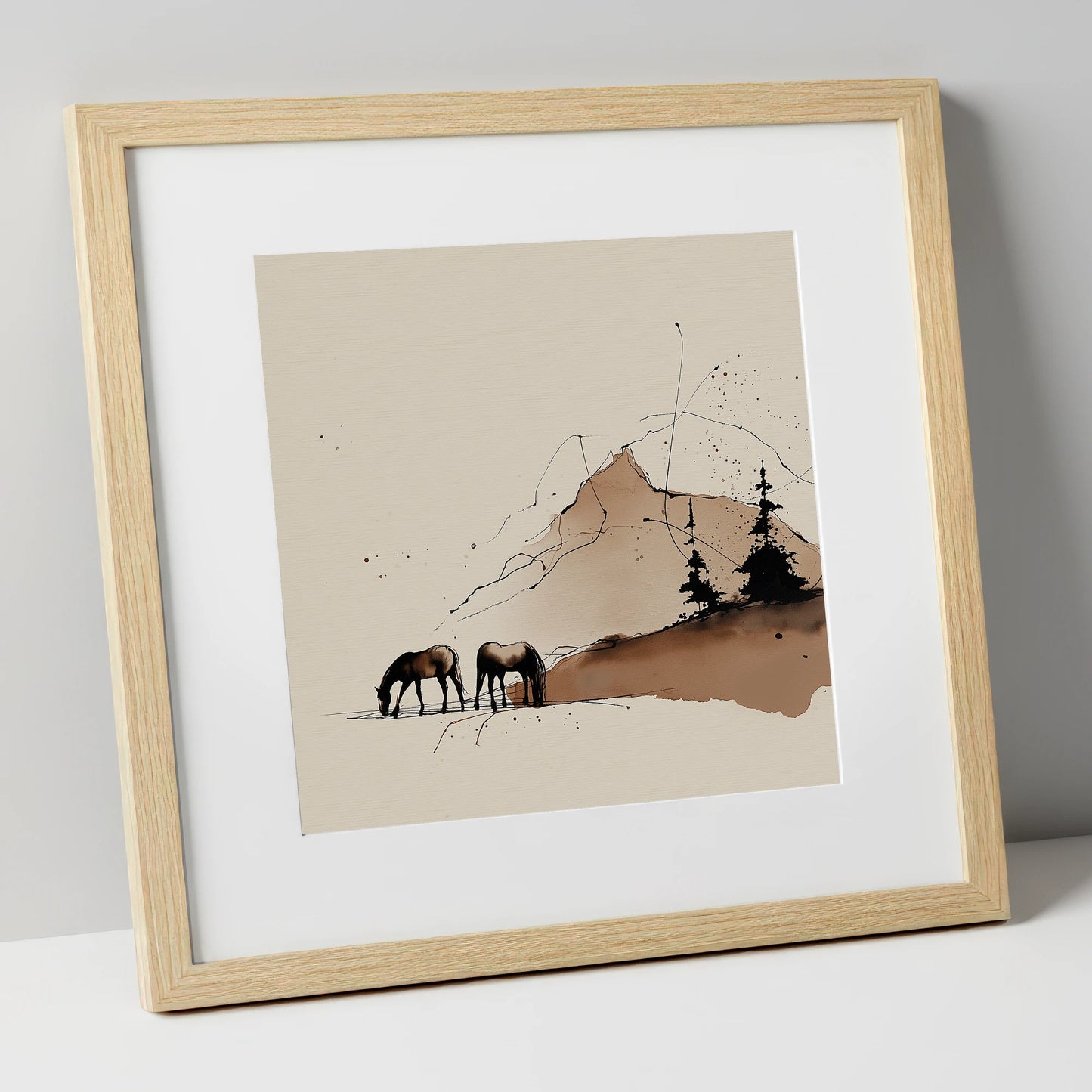 Highland Grazing horse landscape art print in natural frame