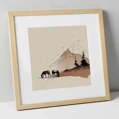 Highland Grazing horse landscape art print in natural frame