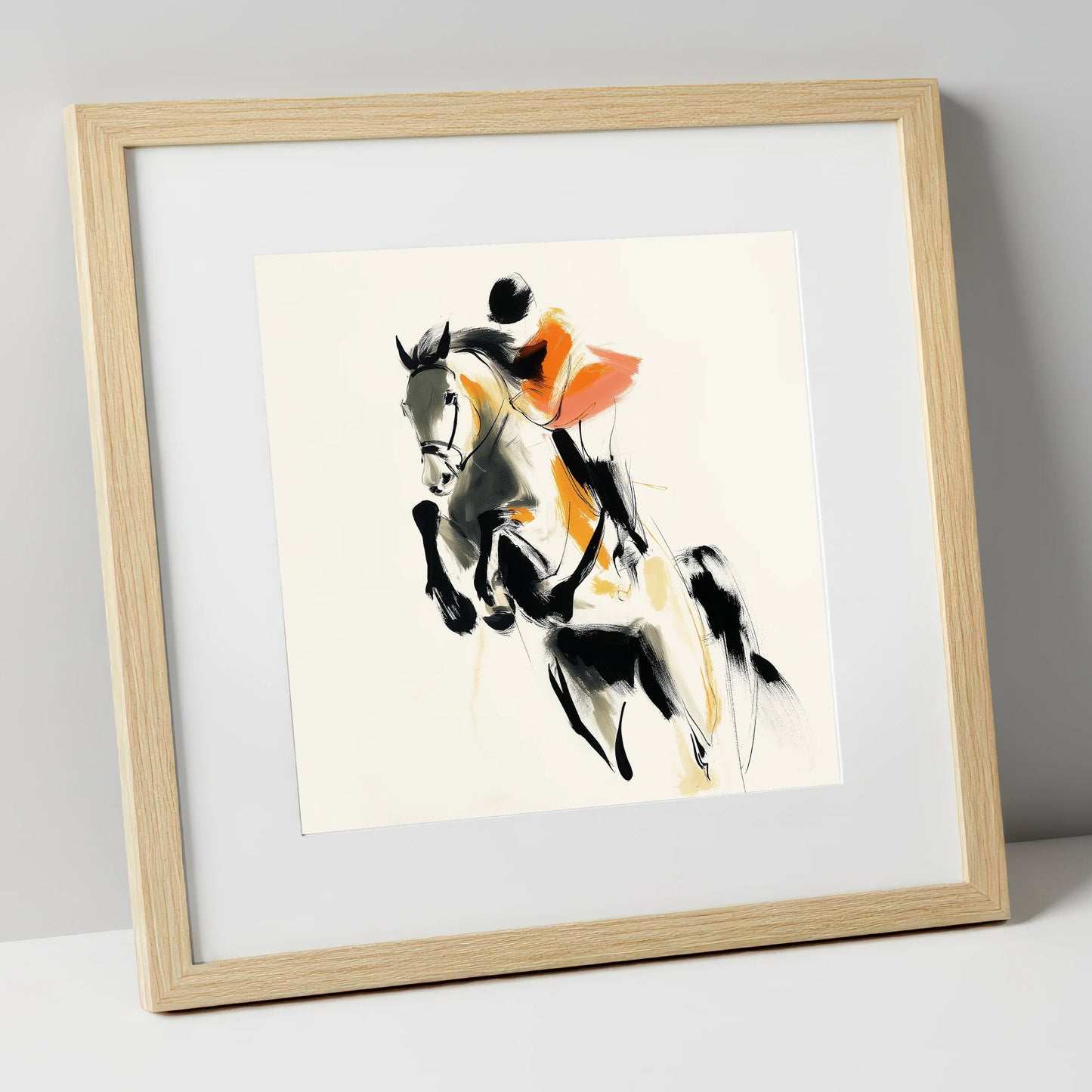 Amber Flight show jumping horse art print in natural frame