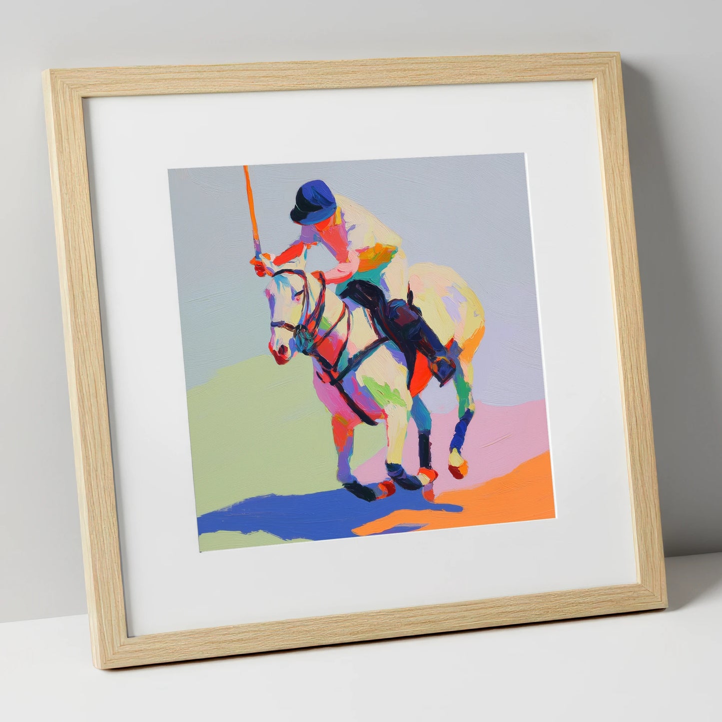 Vibrant Polo Drive polo horse art print in natural frame