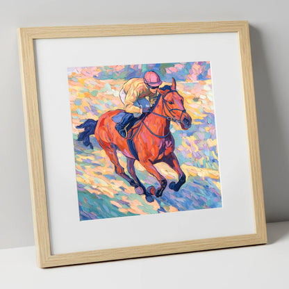 Vibrant Final Furlong racing horse art print in natural frame