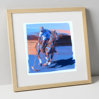 The Cobalt Chukka polo horse art print in natural frame