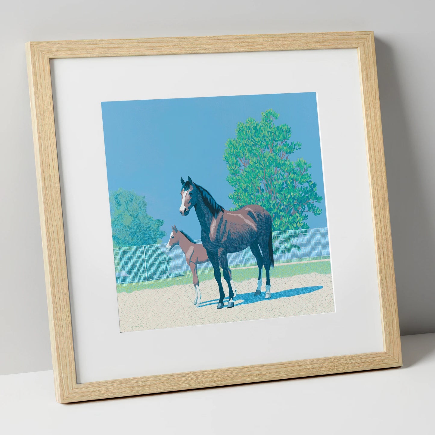 Summer Paddock Serenity mare & foal art print in natural frame