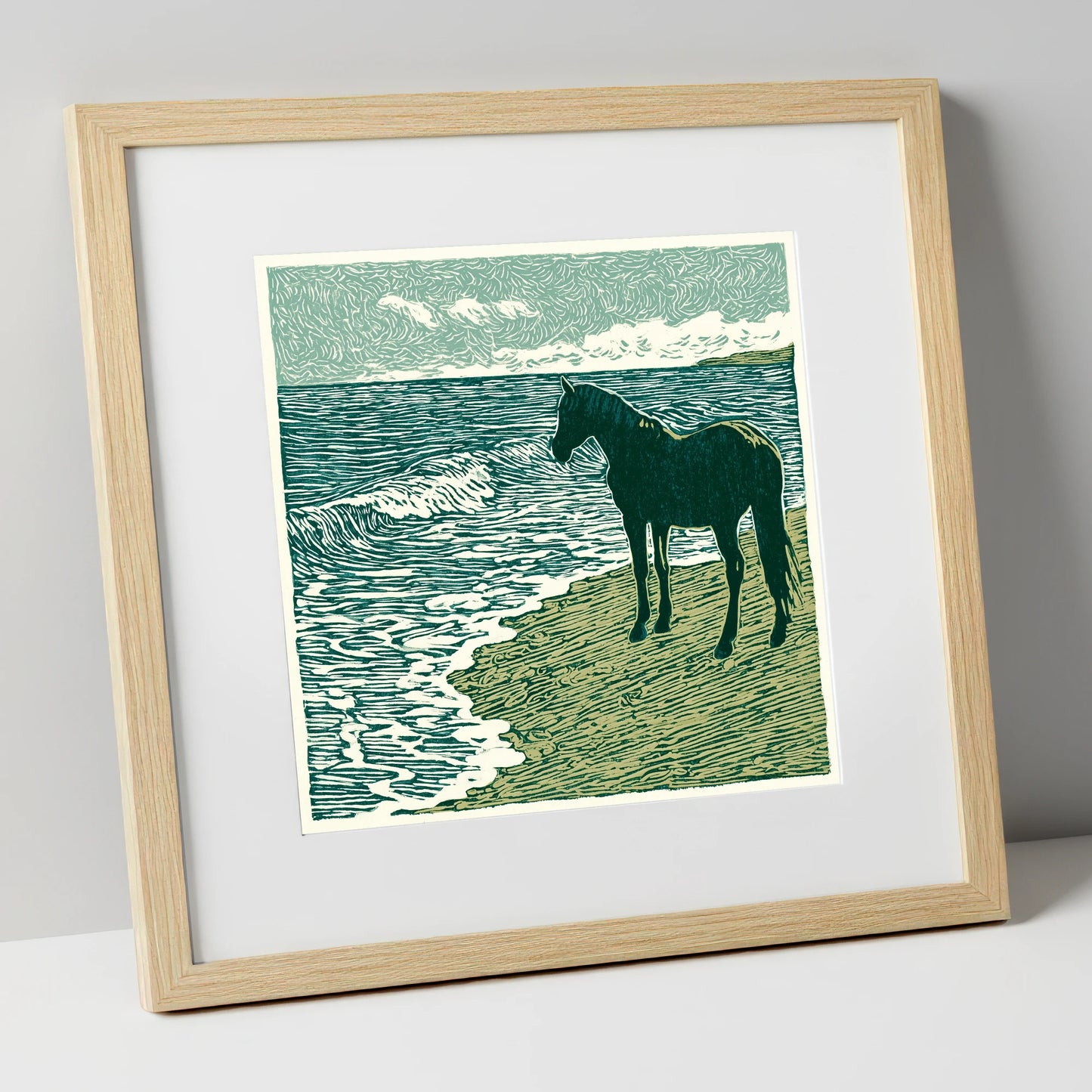 Shoreline Watch horse landscape art print in natural frame