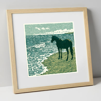 Shoreline Watch horse landscape art print in natural frame