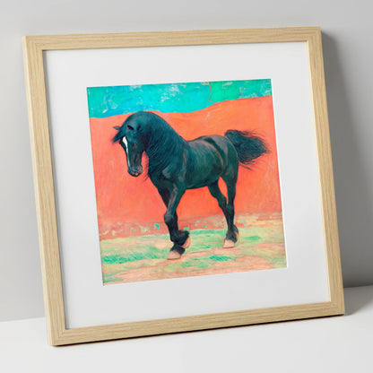 Bold Friesian Rhythm horse breed art print in natural frame
