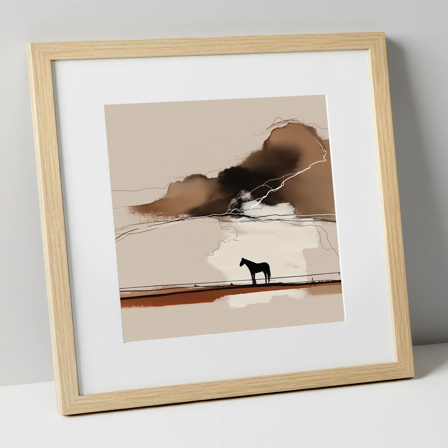 Distant Thunder horse landscape art print in natural frame