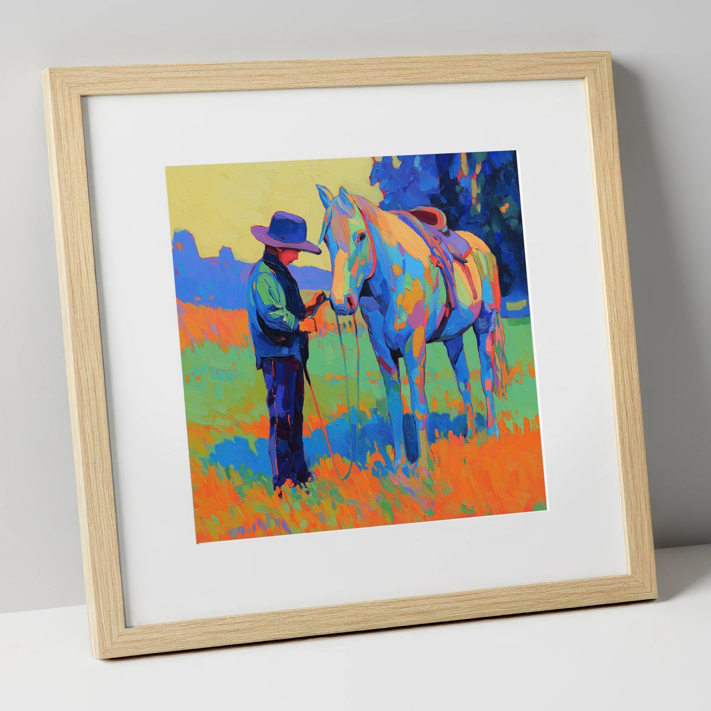 Cobalt Connection horse & rider art print in natural frame