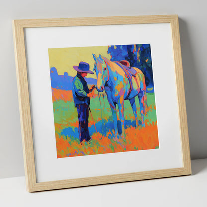 Cobalt Connection horse & rider art print in natural frame