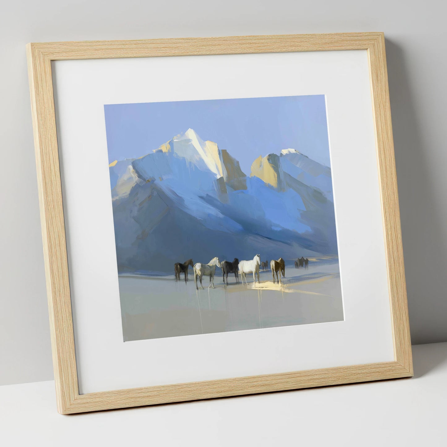 Glacial Heights horse landscape art print in natural frame