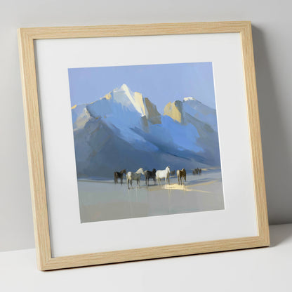 Glacial Heights horse landscape art print in natural frame