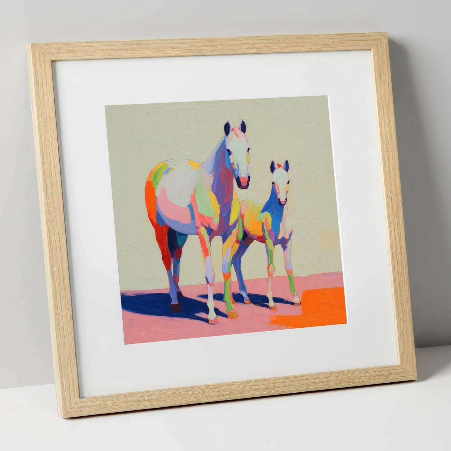 Technicolour Bond mare & foal art print in natural frame