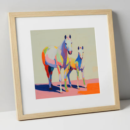 Technicolour Bond mare & foal art print in natural frame