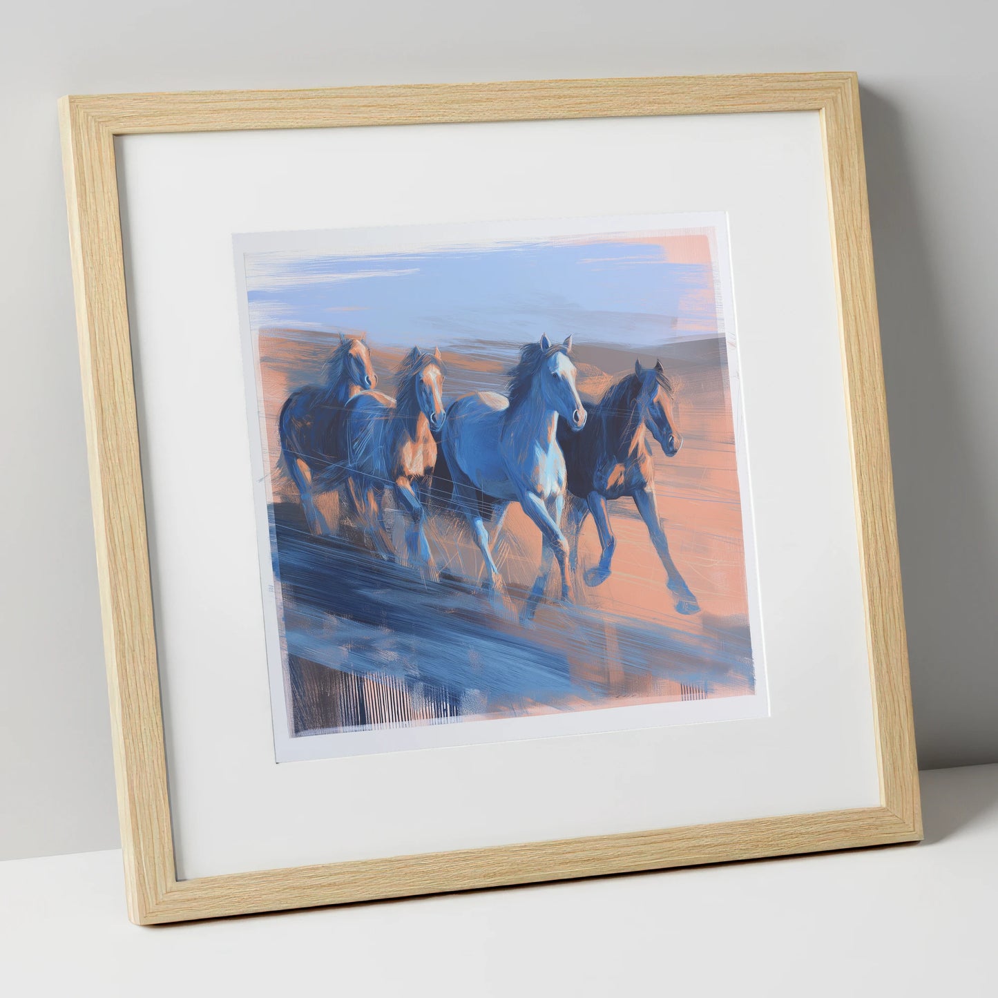 Cobalt Horizon Herd wild horses art print in natural frame