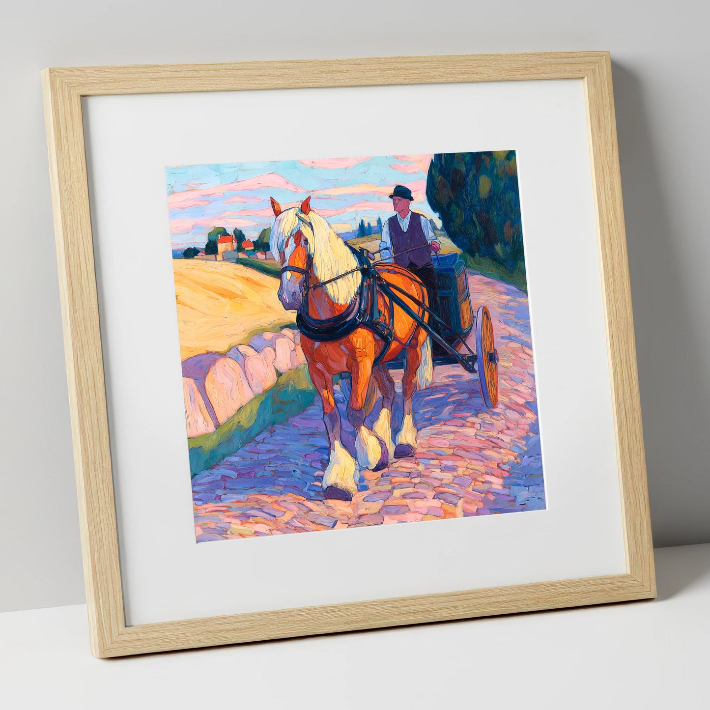 Evening Draught on Cobbles working horse art print in natural frame
