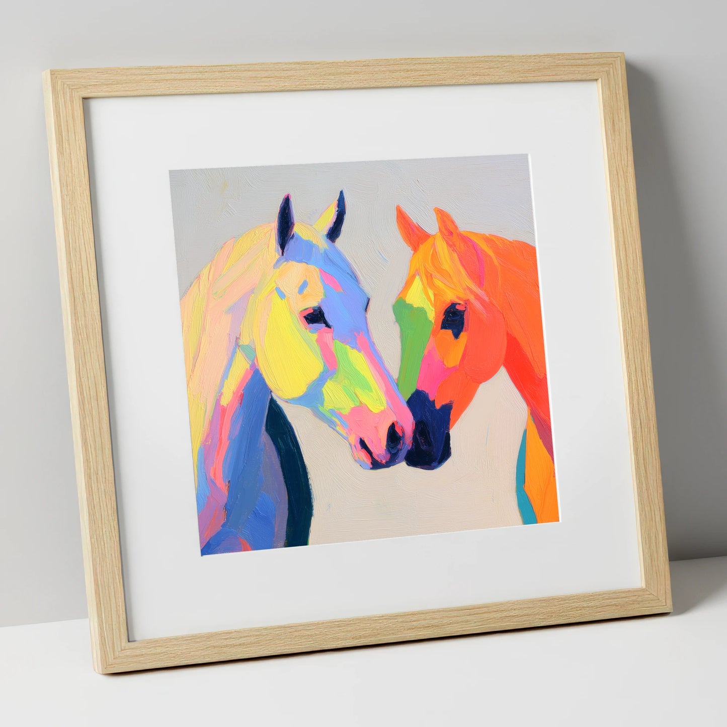 Technicolour Companions horse portrait art print in natural frame