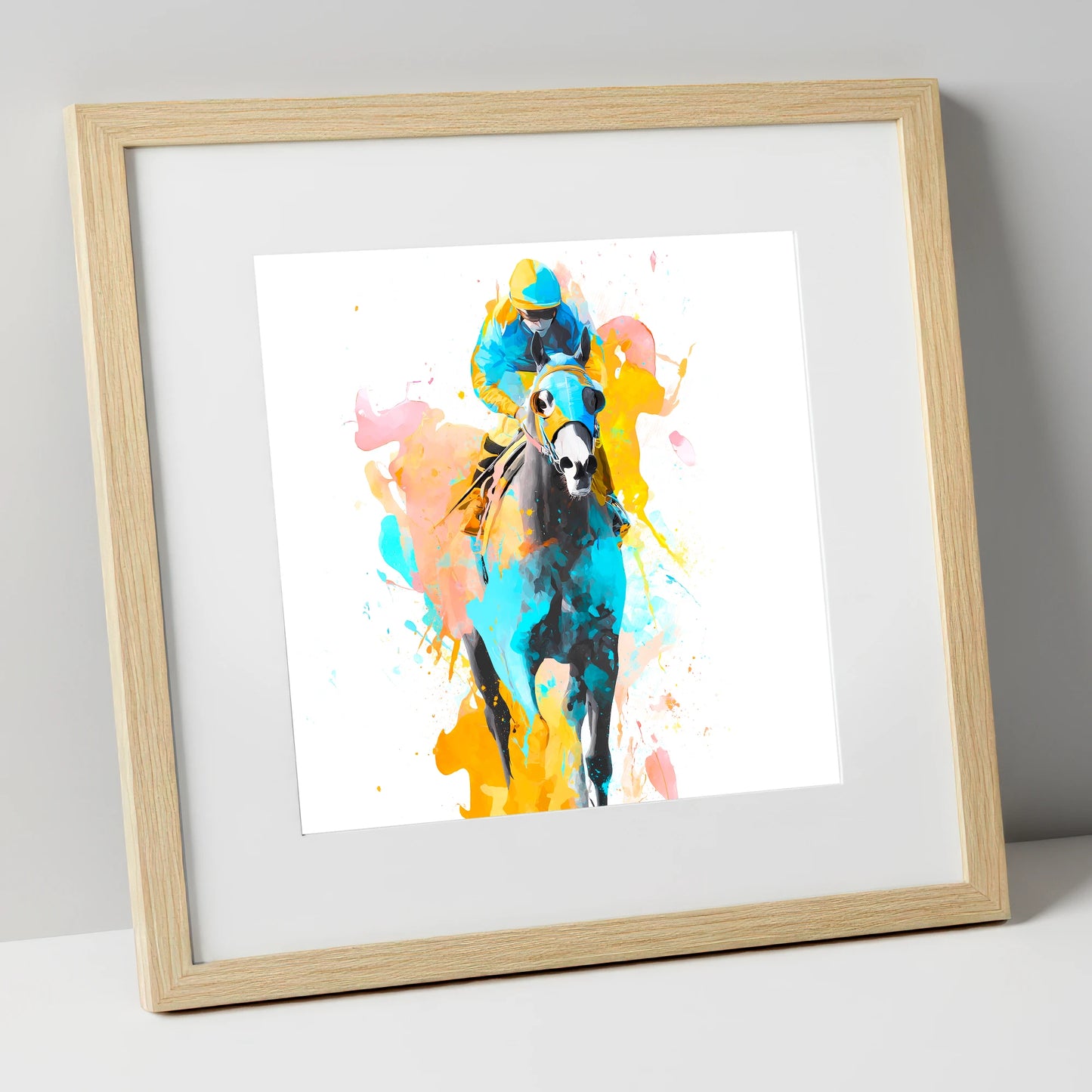 Vibrant Front Runner racing horse art print in natural frame