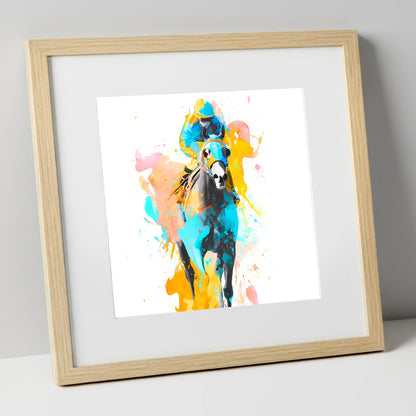 Vibrant Front Runner racing horse art print in natural frame