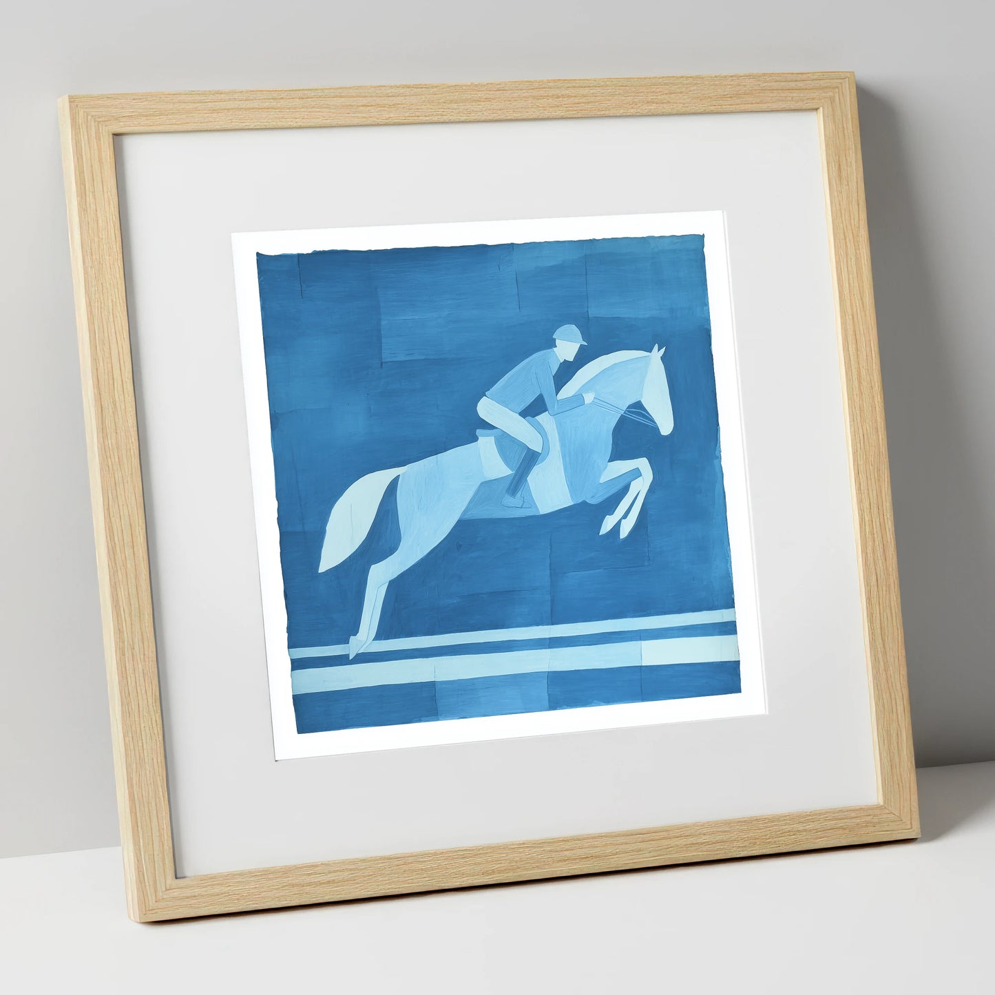 Azure Flight show jumping horse art print in natural frame