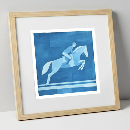 Azure Flight show jumping horse art print in natural frame