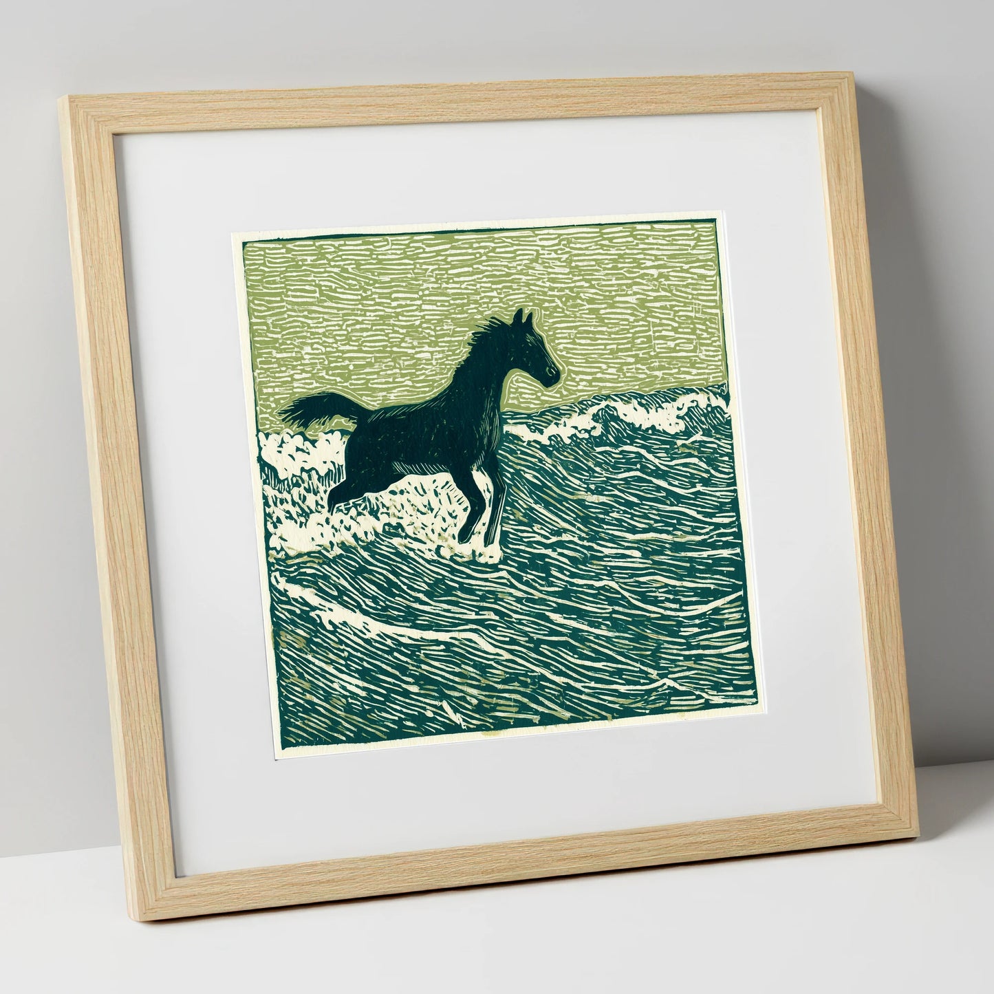 Wild Coastal Canter beach horse art print in natural frame