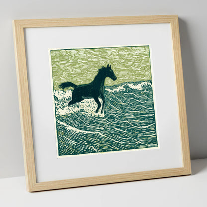 Wild Coastal Canter beach horse art print in natural frame