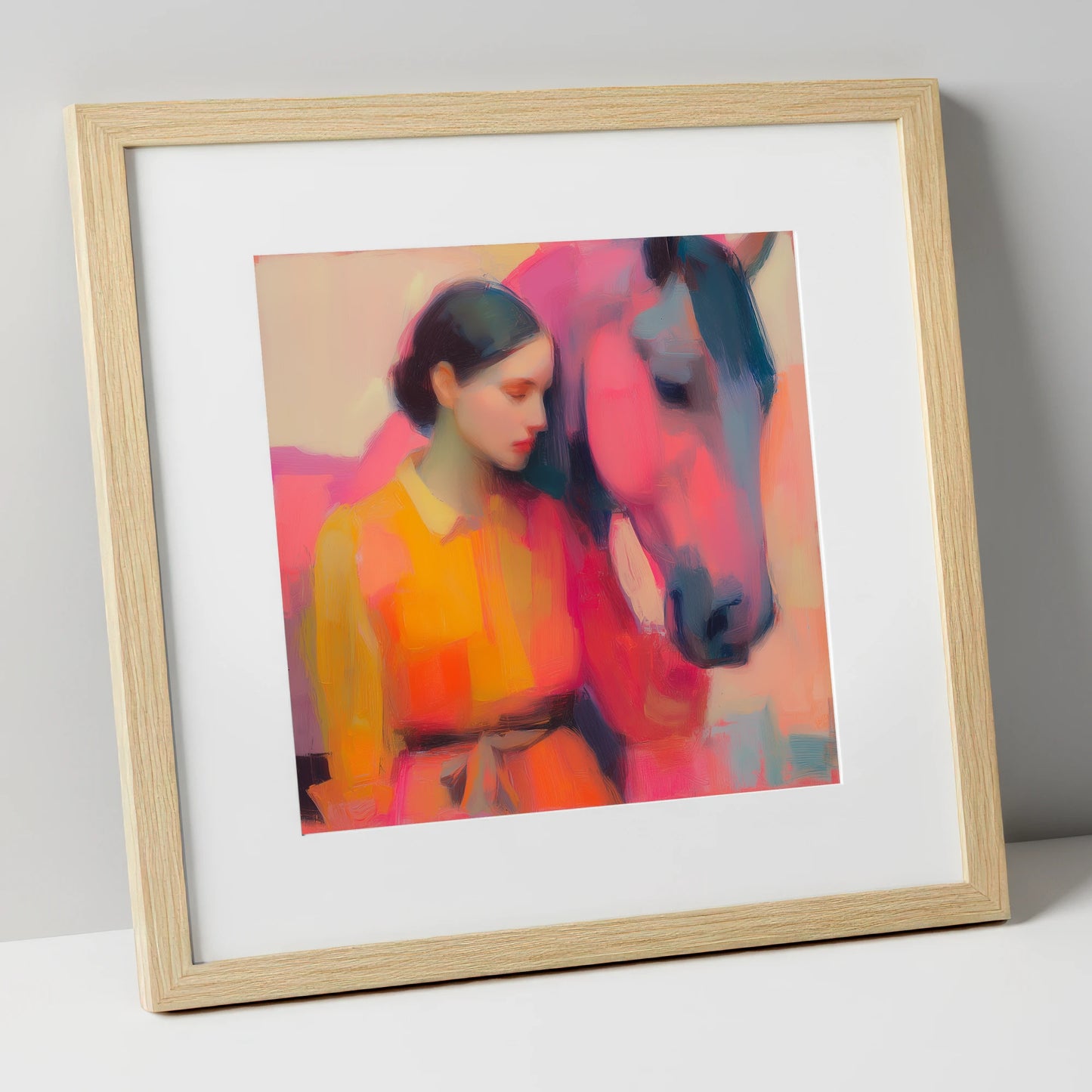 Radiant Bond horse & rider art print in natural frame