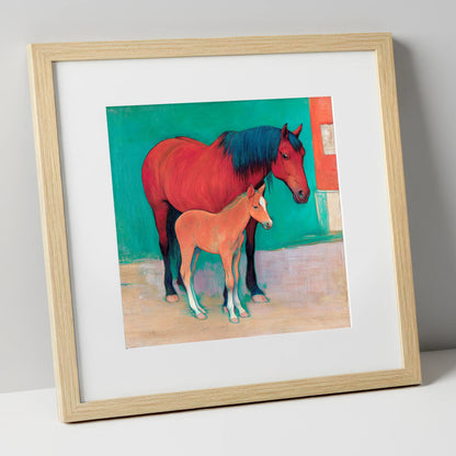 Crimson Mare and Foal mare & foal art print in natural frame