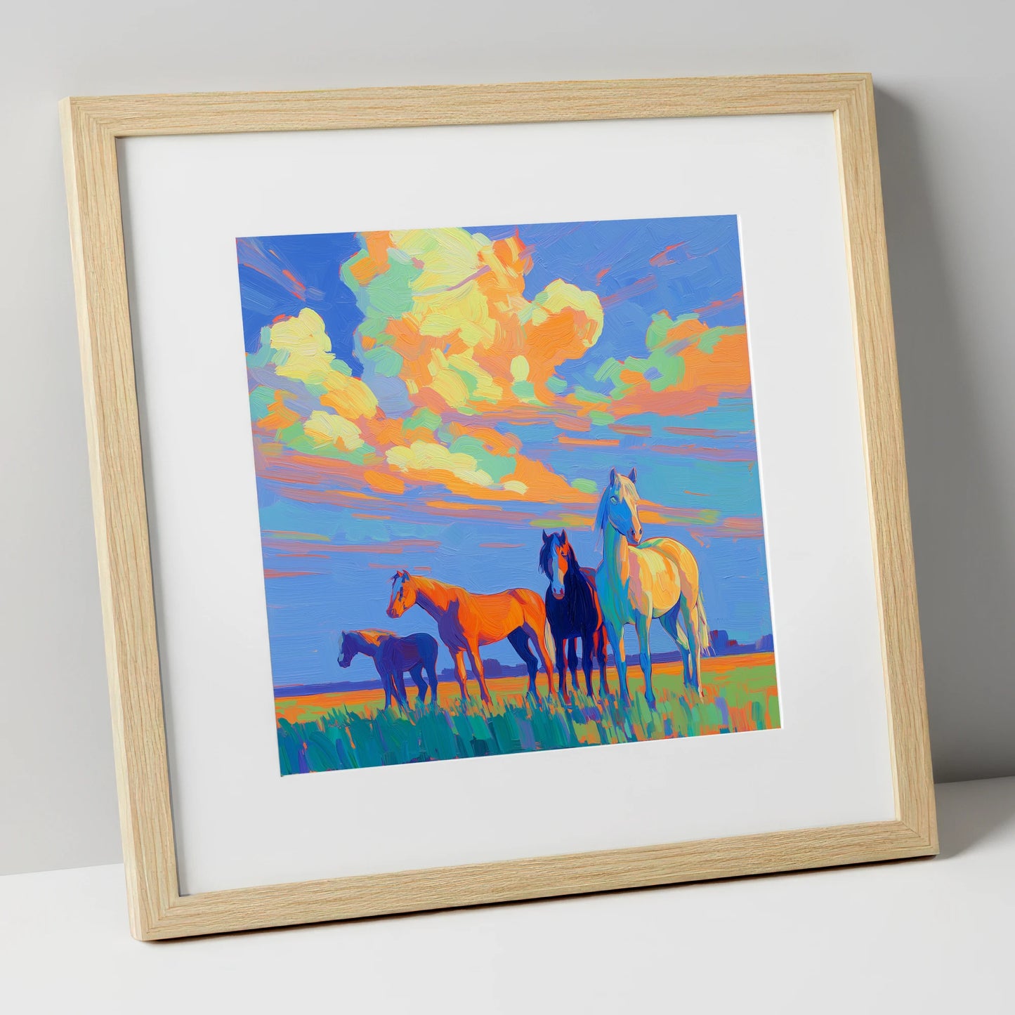 Painted Horizon Herd horse landscape art print in natural frame