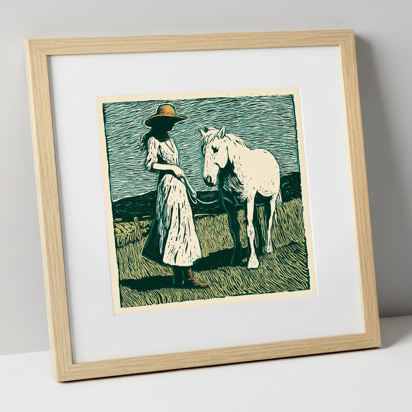 Windswept Companions horse & rider art print in natural frame