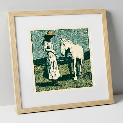 Windswept Companions horse & rider art print in natural frame