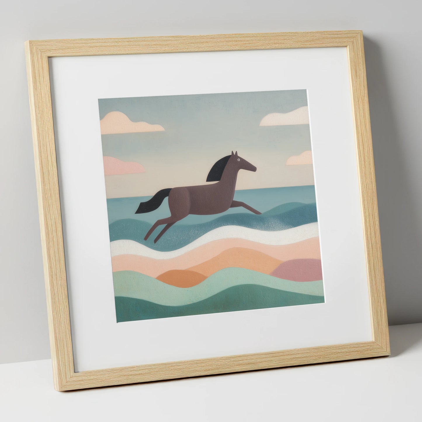 Rhythmic Coastal Canter beach horse art print in natural frame