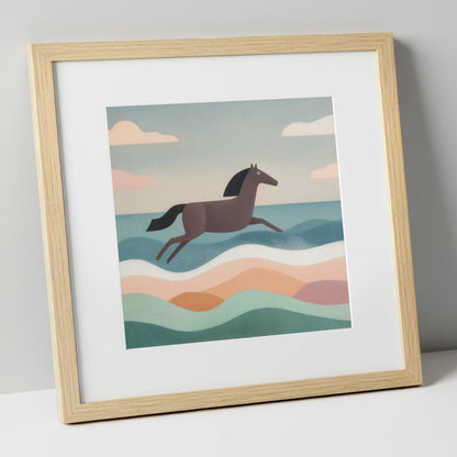 Rhythmic Coastal Canter beach horse art print in natural frame