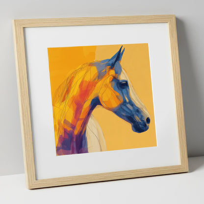 Cobalt and Amber Profile horse portrait art print in natural frame