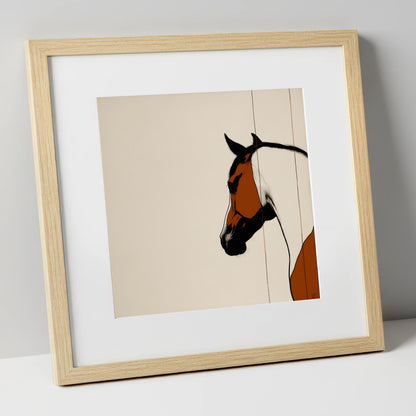 Minimalist Chestnut Silhouette horse portrait art print in natural frame