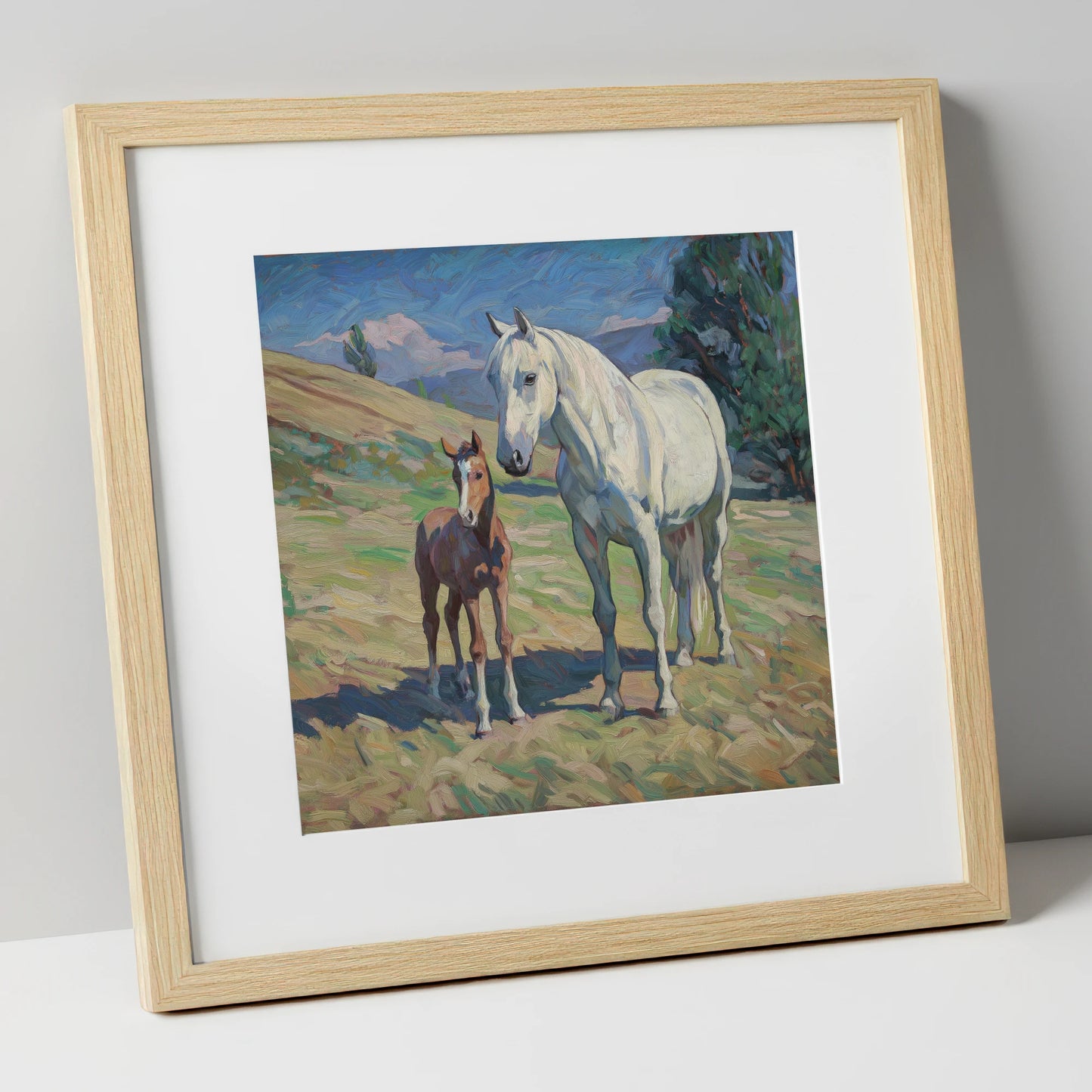 The Gentle Guardian mare & foal art print in natural frame