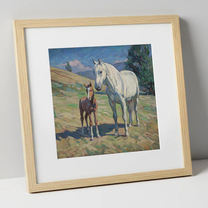 The Gentle Guardian mare & foal art print in natural frame