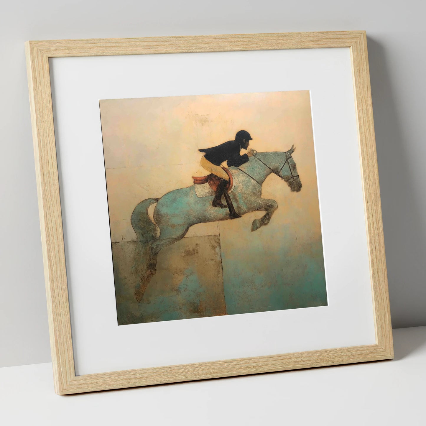 Turquoise Flight show jumping horse art print in natural frame