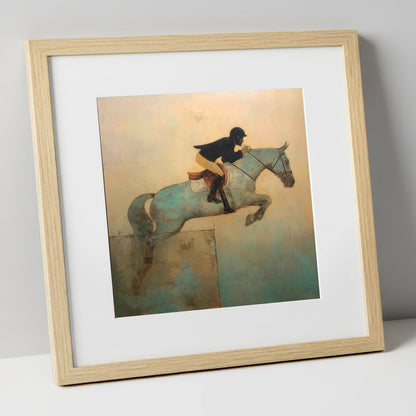 Turquoise Flight show jumping horse art print in natural frame