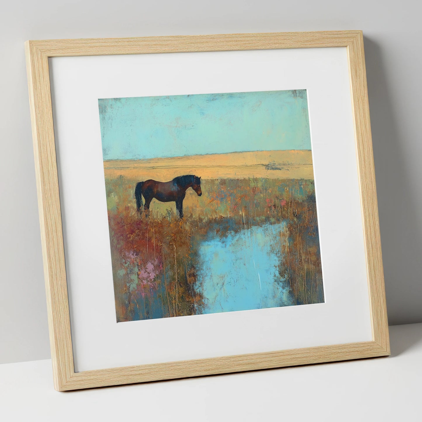 Silent Waters horse landscape art print in natural frame