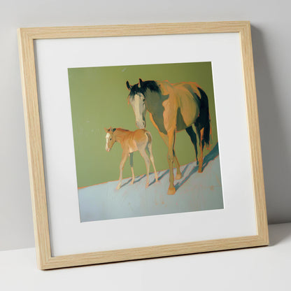Sunlit Bonds mare & foal art print in natural frame