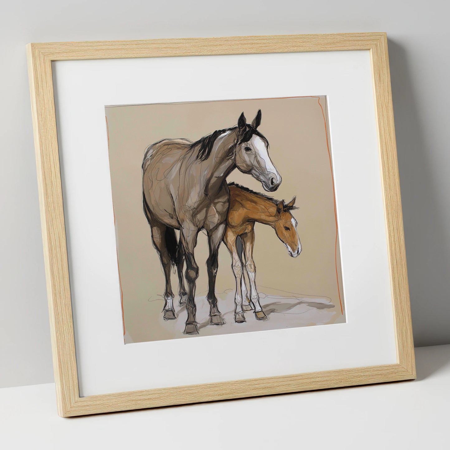 A Quiet Bond mare & foal art print in natural frame