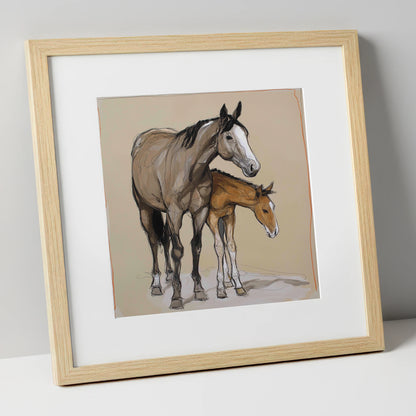 A Quiet Bond mare & foal art print in natural frame