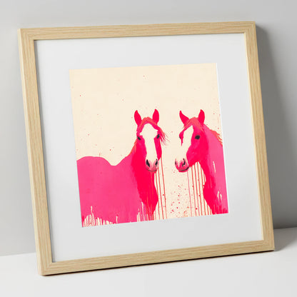 Vivid Pink Companions horse landscape art print in natural frame