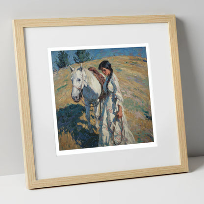 Sunlit Summer Stroll horse & rider art print in natural frame