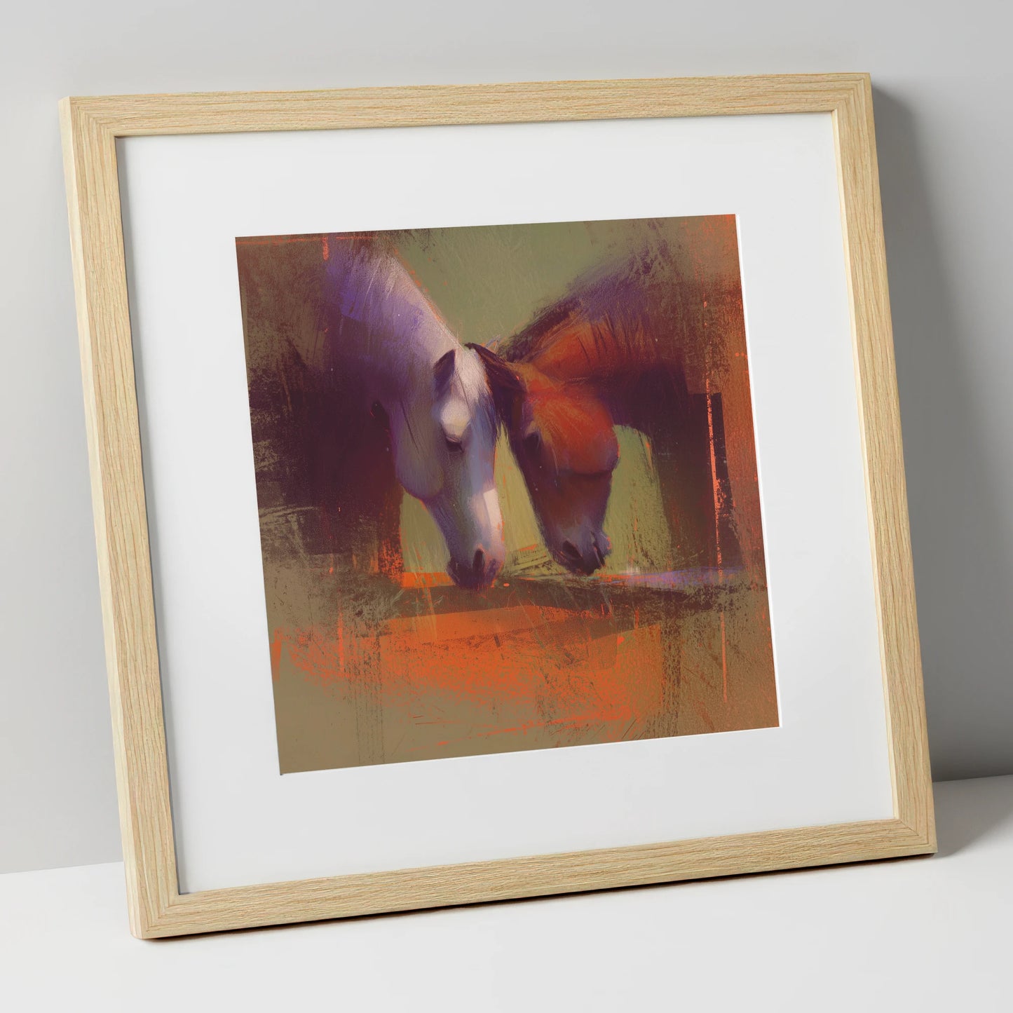 Sunlit Grazing Companions horse portrait art print in natural frame